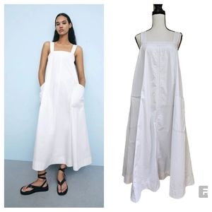 Zara Women’s Topstitched Midi White Cotton Dress Size M
